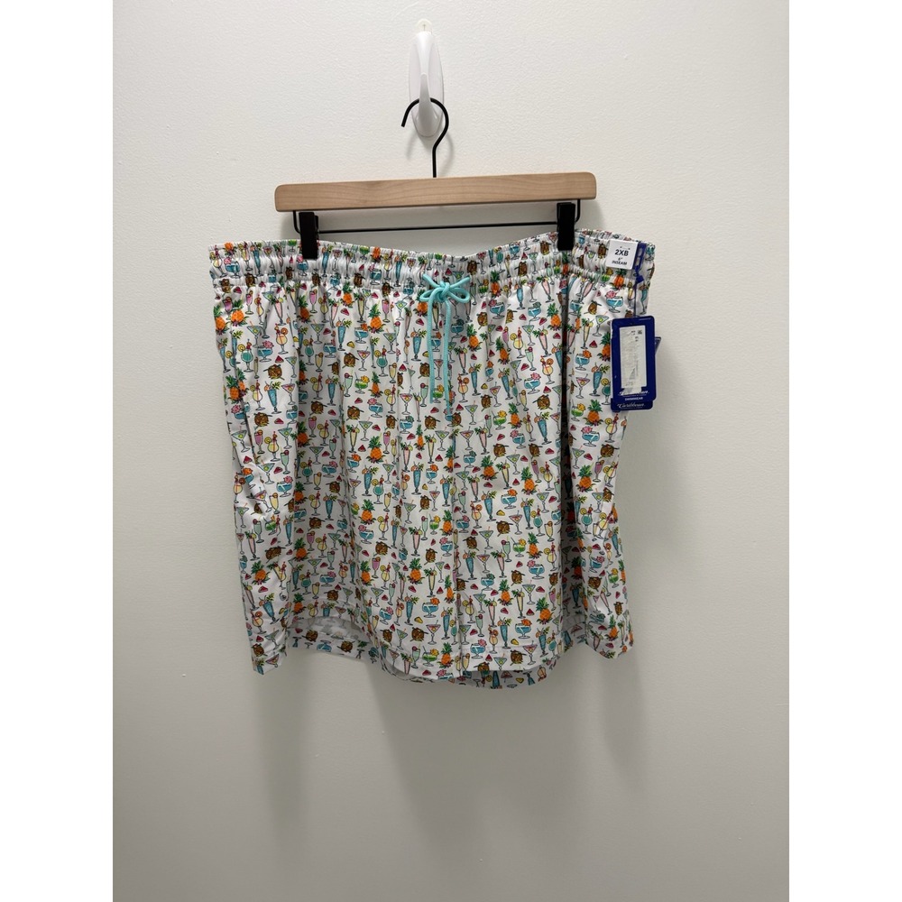 Caribbean Waveliner Mens 2XB Swim Trunks White Tropical Cocktail Print 6 Inseam
